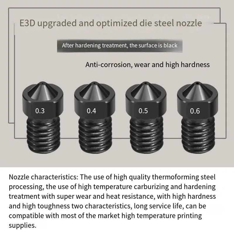M6x1 Thread E3D Nozzle Super Hardened Steel Corrosion-Resistant High Temperature Die Steel Nozzle 1.75mm 3D Printer Parts