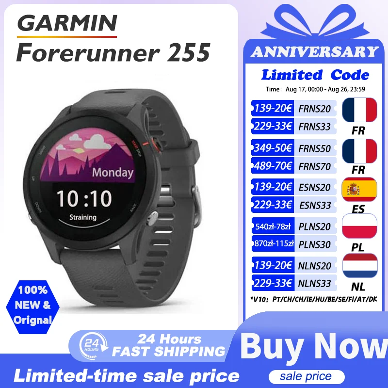 Montre Garmin Forerunner 255, montre connectée sportive Garmin, 46 mm, écran couleur 1,3'', autonomie de 14 jours, 4 Go de RAM, NFC, Bluetooth, Wifi, étanche 5 ATM 1
