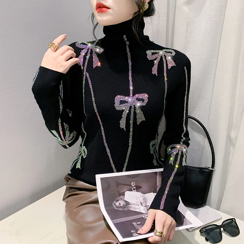MadBlack European Clothes Sweater Women Turtleneck Bowtie Hot Drill Slim Knitwear Long Sleeve Pullover Autumn Winter T39974JC