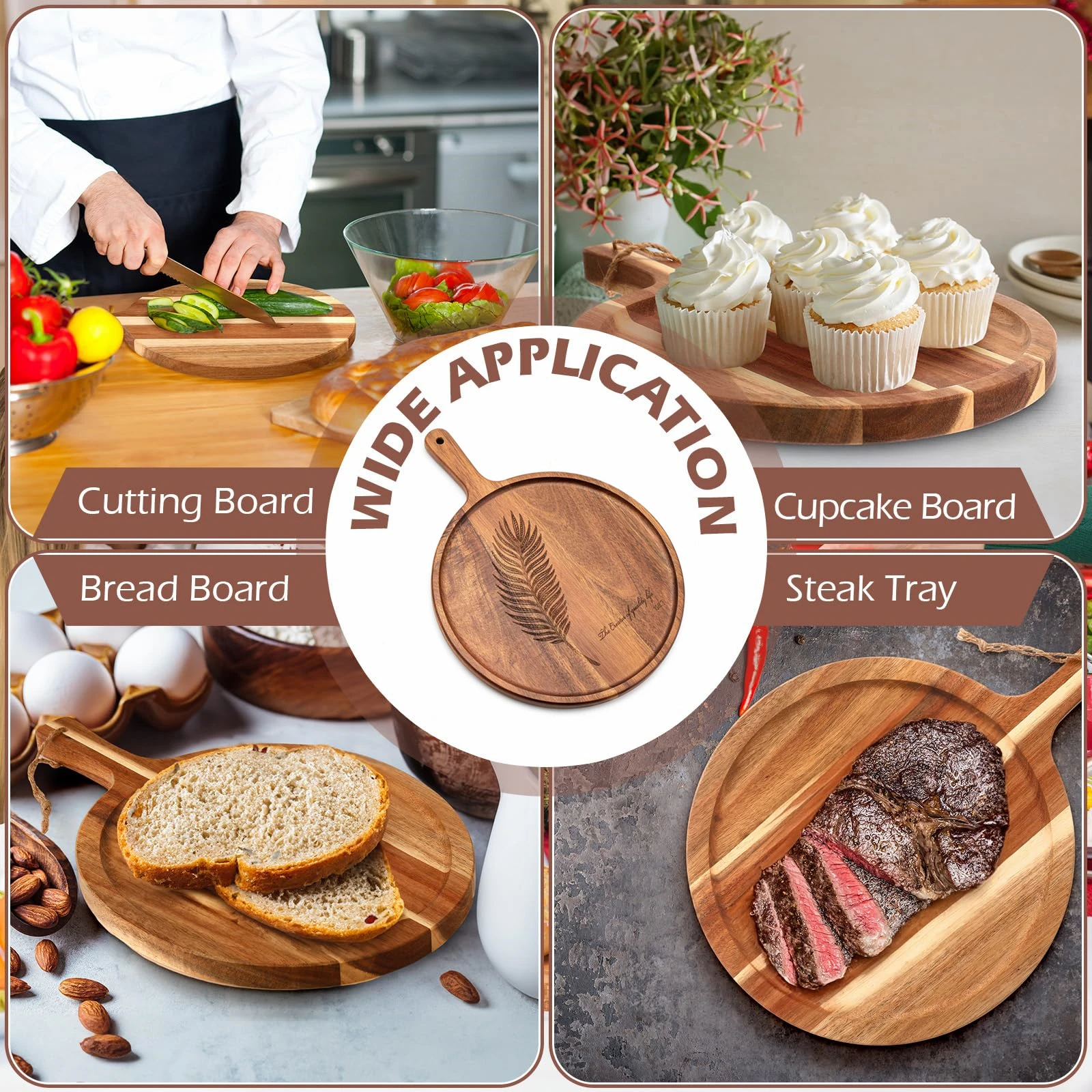 Wood Cheese Board With Handle Round Cutting Board for Pizza Tray Paddle Bread, Cheese Charcuterie, Fruit, Vegetable Steak Trays