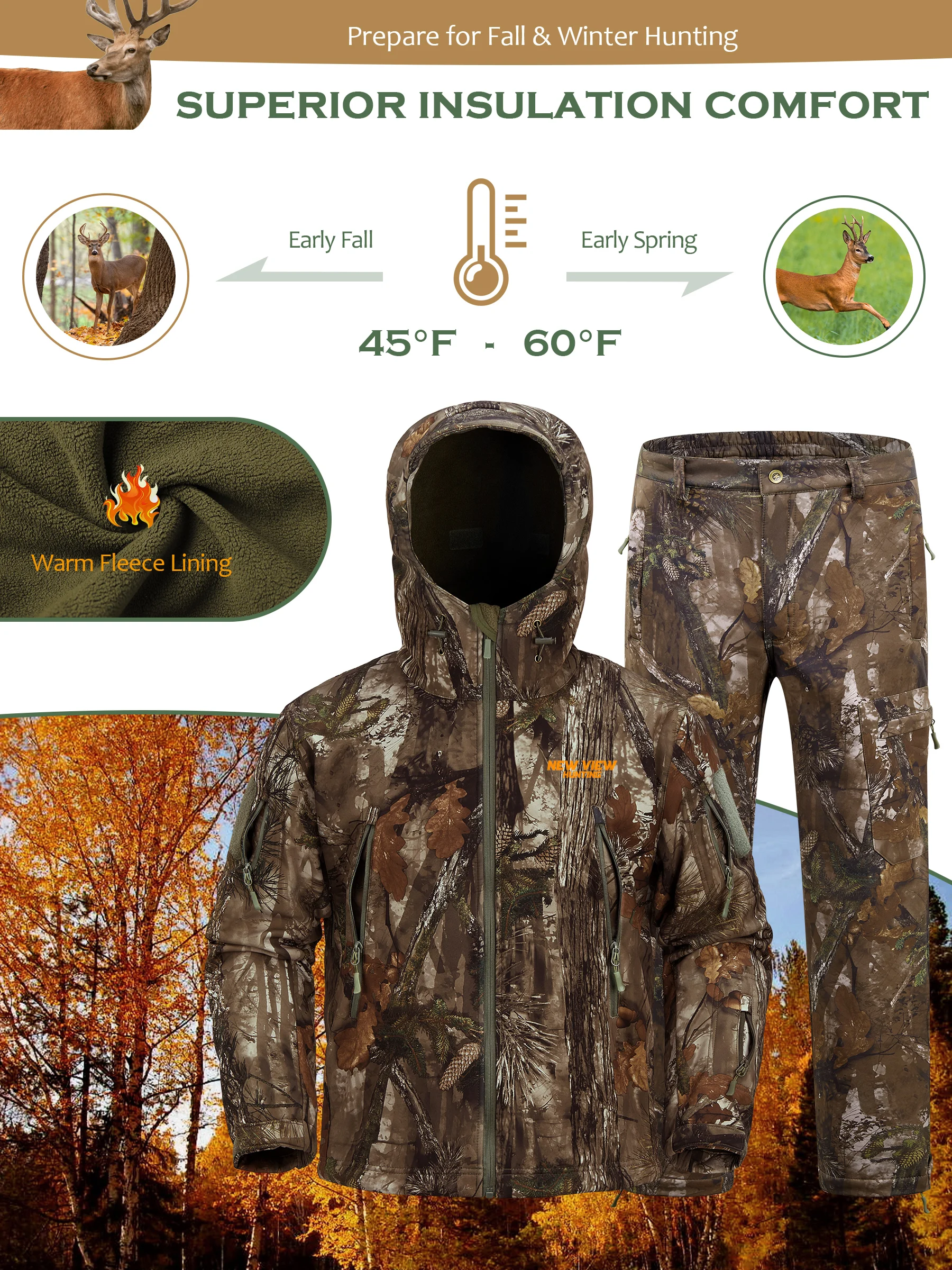 Camo Hunting Suit for Men - Water-Resistant Jacket and Pants with Warm Fleece Lining, Ideal for Cold Weather Hunting image 3