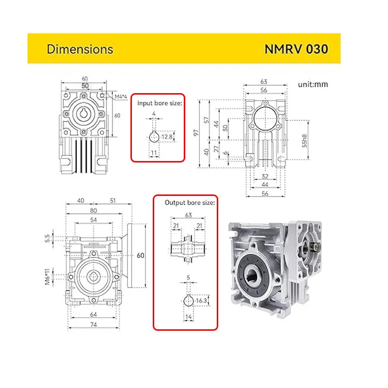 Worm Gear Reducer NMRV030 For 40W/60W/90W/120W 5RK AC Optical Axis Motor 90X90 input shaft 11mm key 4mm, Output hole 14mm