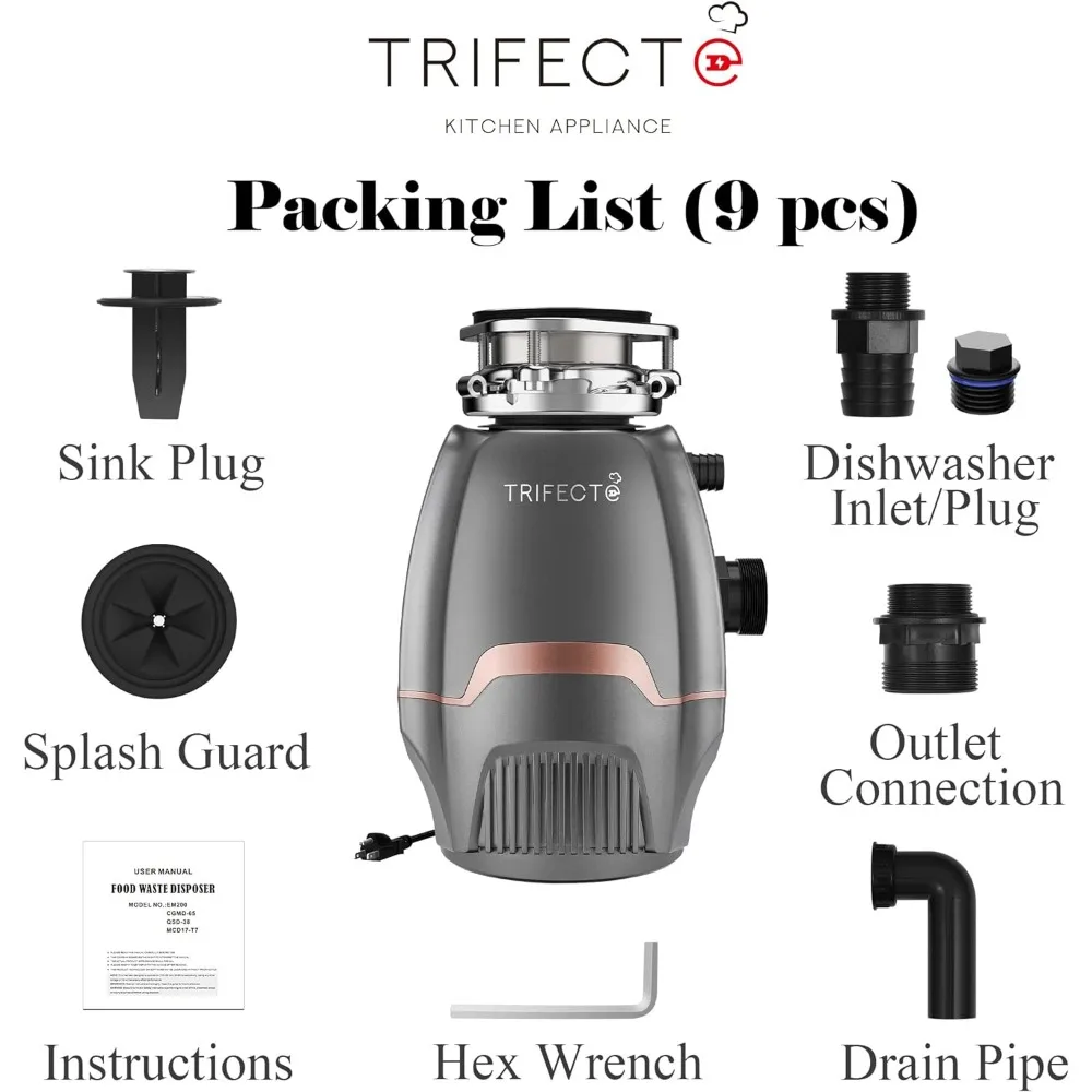 3/4 HP Garbage Disposals with Sound Reduction,Food Waste Coutinuous Feed Garbage Disposal with Power Cord 6