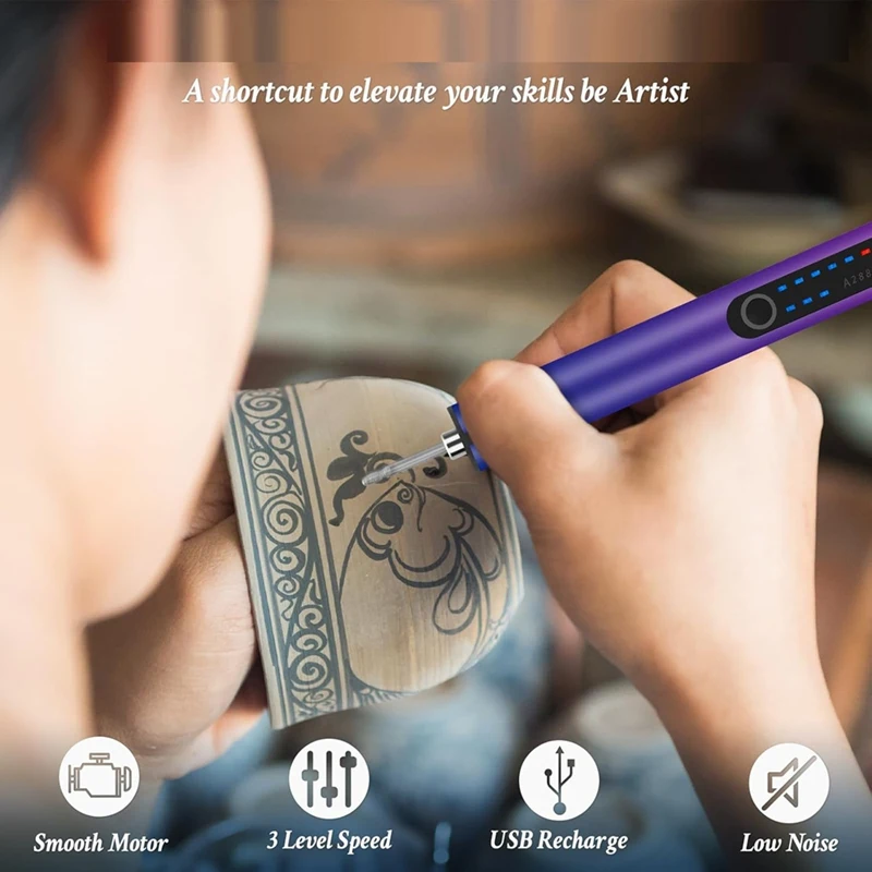 Engraving Pen With LED Light, Electric Engraving Pen With 37 Bits, USB Rechargeable Cordless Machine, For Jewelry
