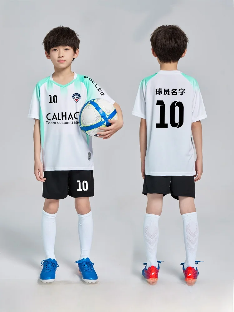 녹색 어린이 축구 유니폼 세트 소년 소녀 스포츠 팀웨어 초등학교 대회 축구 셔츠 루즈핏 반팔 라운드넥