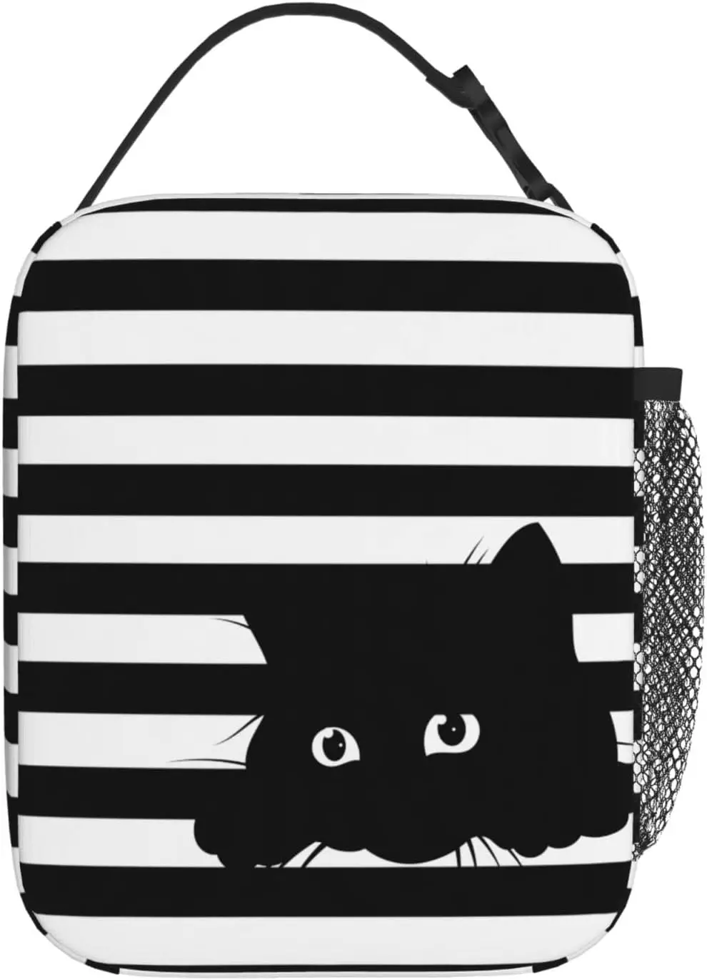 

Cute Cat Striped Background Insulated Portable Reusable Funny Lunch Box With Side Pockets For Picnic Work Office Travel School