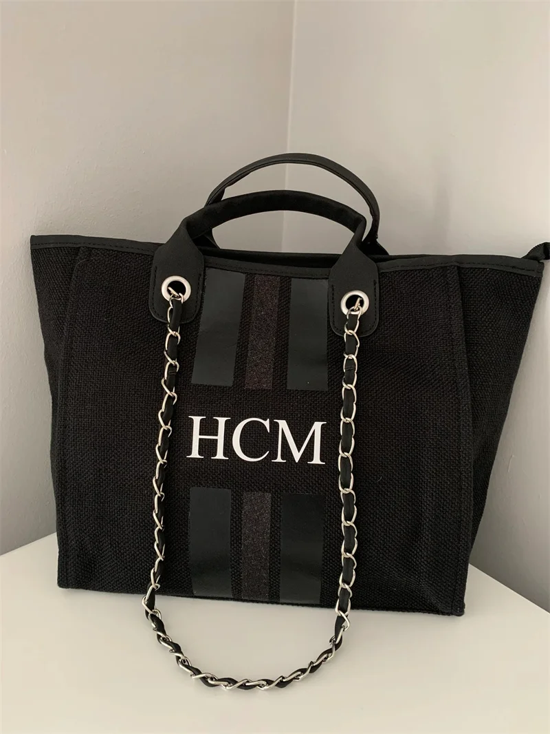 Monogram Tote Bag Canvas Customised Black Chain Handbag Personalised White Initials Holiday Chain Handbag