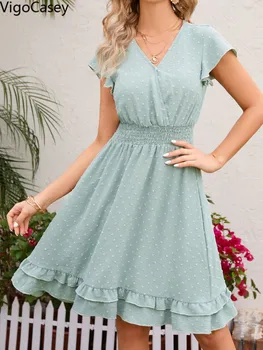 VigoCasey 2025 Summer Female Casual Clud Short Dress Women Sexy Solid Short Sleeve Dress Cross V Neck Lady Ruffle Dresses