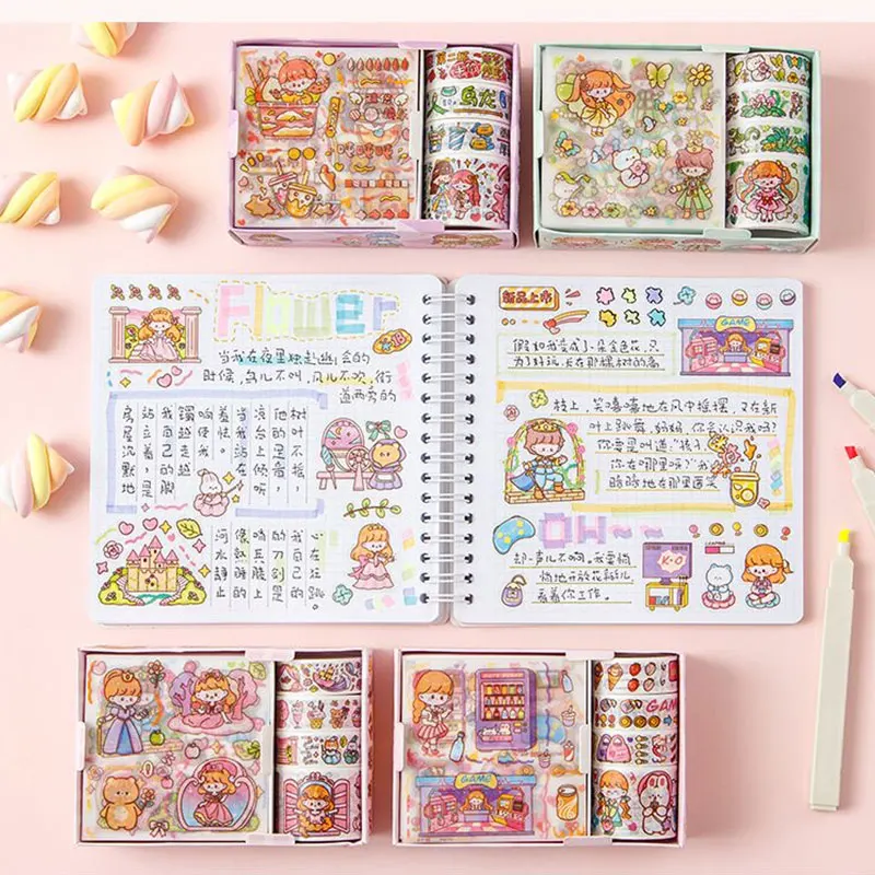 8 PCS Kawaii Washi 테이프 및 스티커 세트 일본 종이 마스킹 테이프 저널 장식 학교 용품 편지지