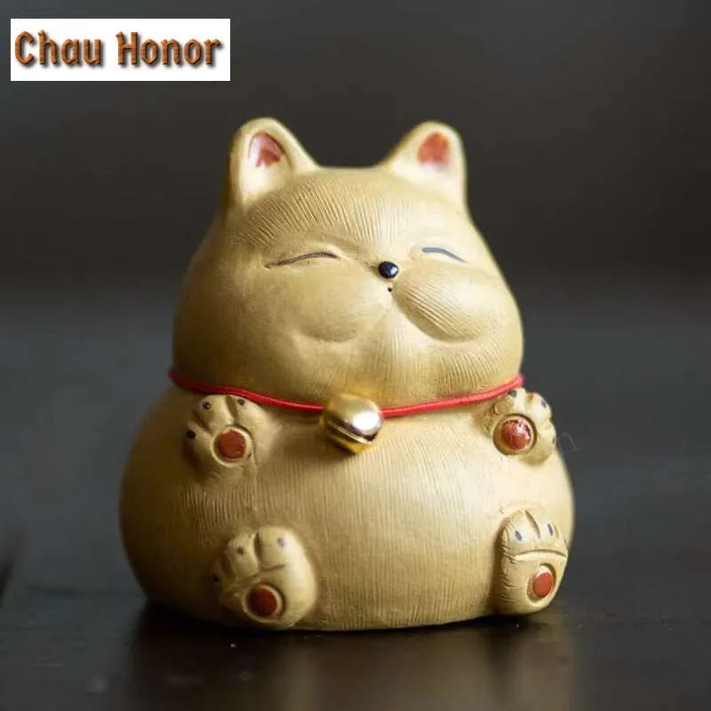 Boutique Purple Clay Tea Pet Lucky Bellcat Figurine Sculpture Ornaments Handmade Crafts Chinese Tea Set Art Decoration Gifts