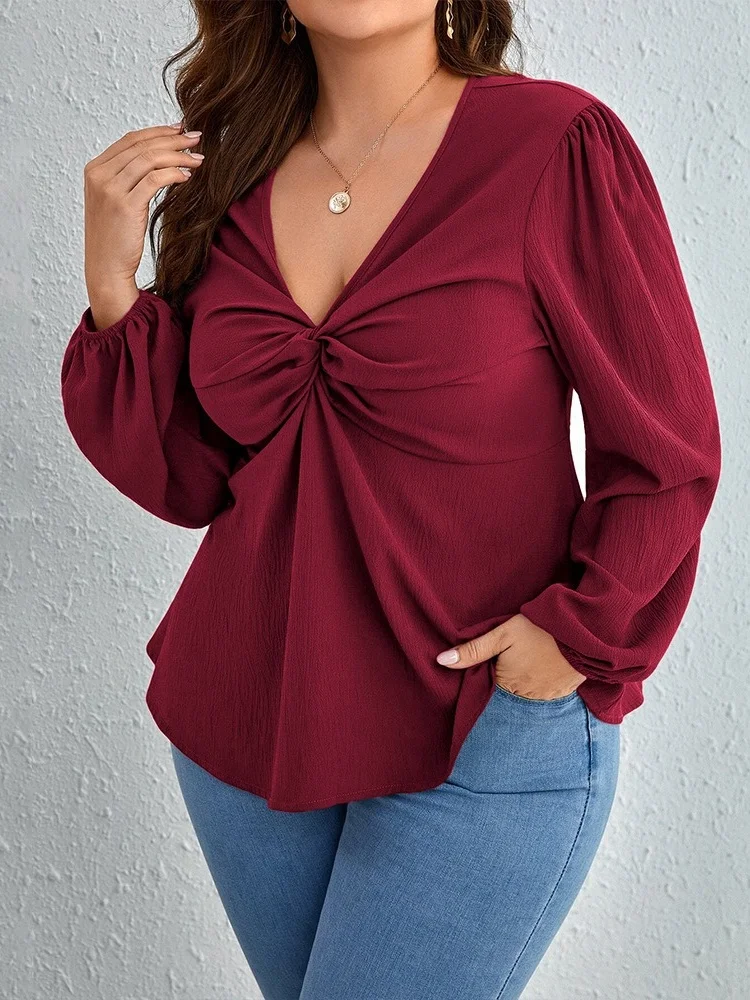 Wmstar T Shirt Women Wholesale Plus Size Wear V Neck with Mature Ladylike Autumn Winter Fashionable Youthful Wine Red Top