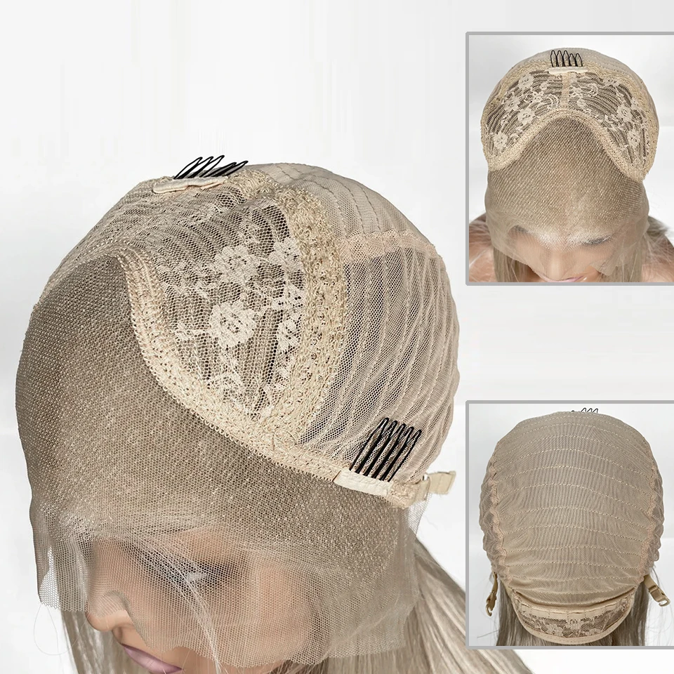 Synthetic Lace Front Wig Ombre Blonde Highlight Futura Fiber Scalp Top Frontal Closure Wig Middle Parting Daily Use