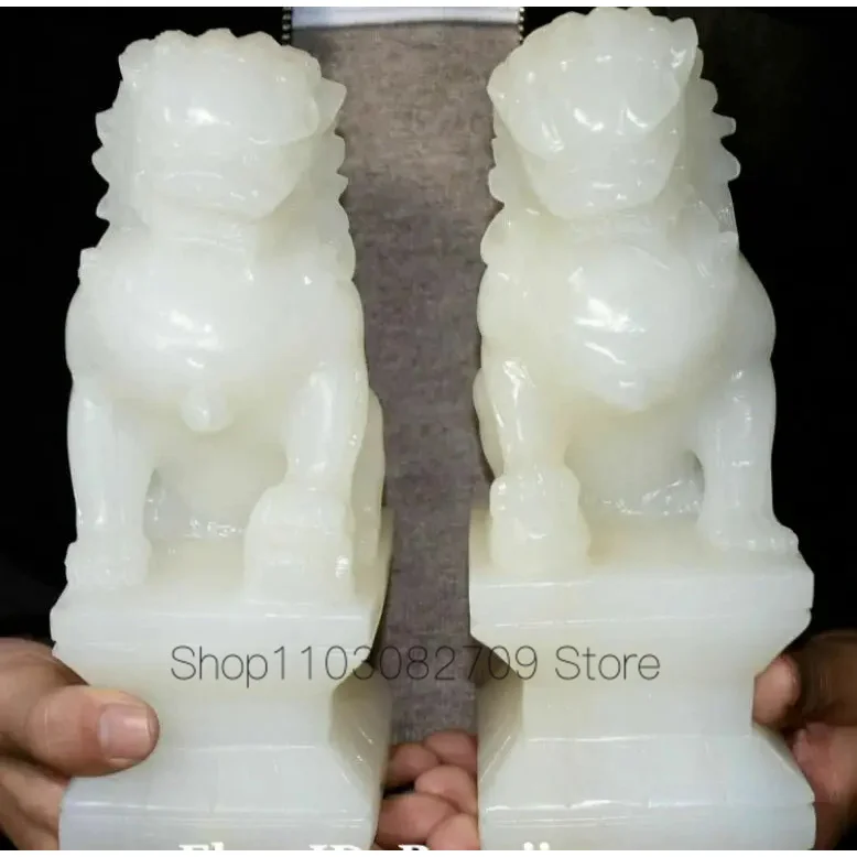 

Chinese Natural White Jade Fengshui Foo Fu Dog Guardion Lion Leo Animal Pair