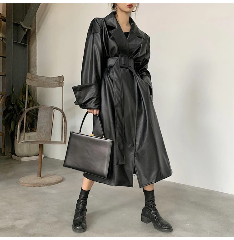 long down coat womens Lautaro Long oversized leather trench coat for women long sleeve lapel loose fit Fall Stylish black women clothing streetwear parka coat