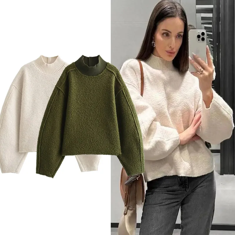 

TRAF Women Tricot Boucle Sweatshirt High Neck Long Sleeves Cropped Sweatshirt Autumn Ladies Casual Loose Pullover Sweatshirts