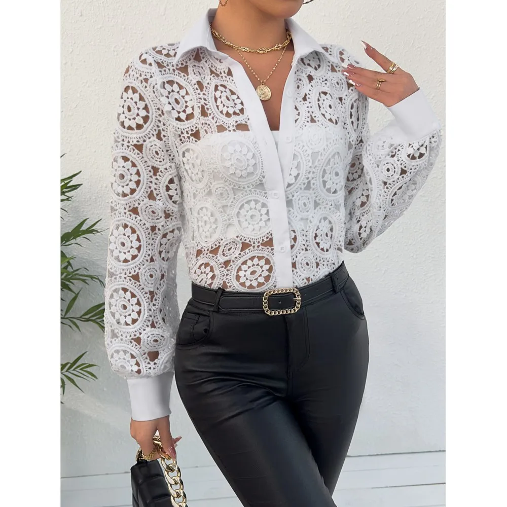 

Women Sexy Lace Hollow Out Top 2024 Spring Summer Casual Polo Neck Shirt Commuting Style Office Ladies Long Sleeve Sexy Shirts