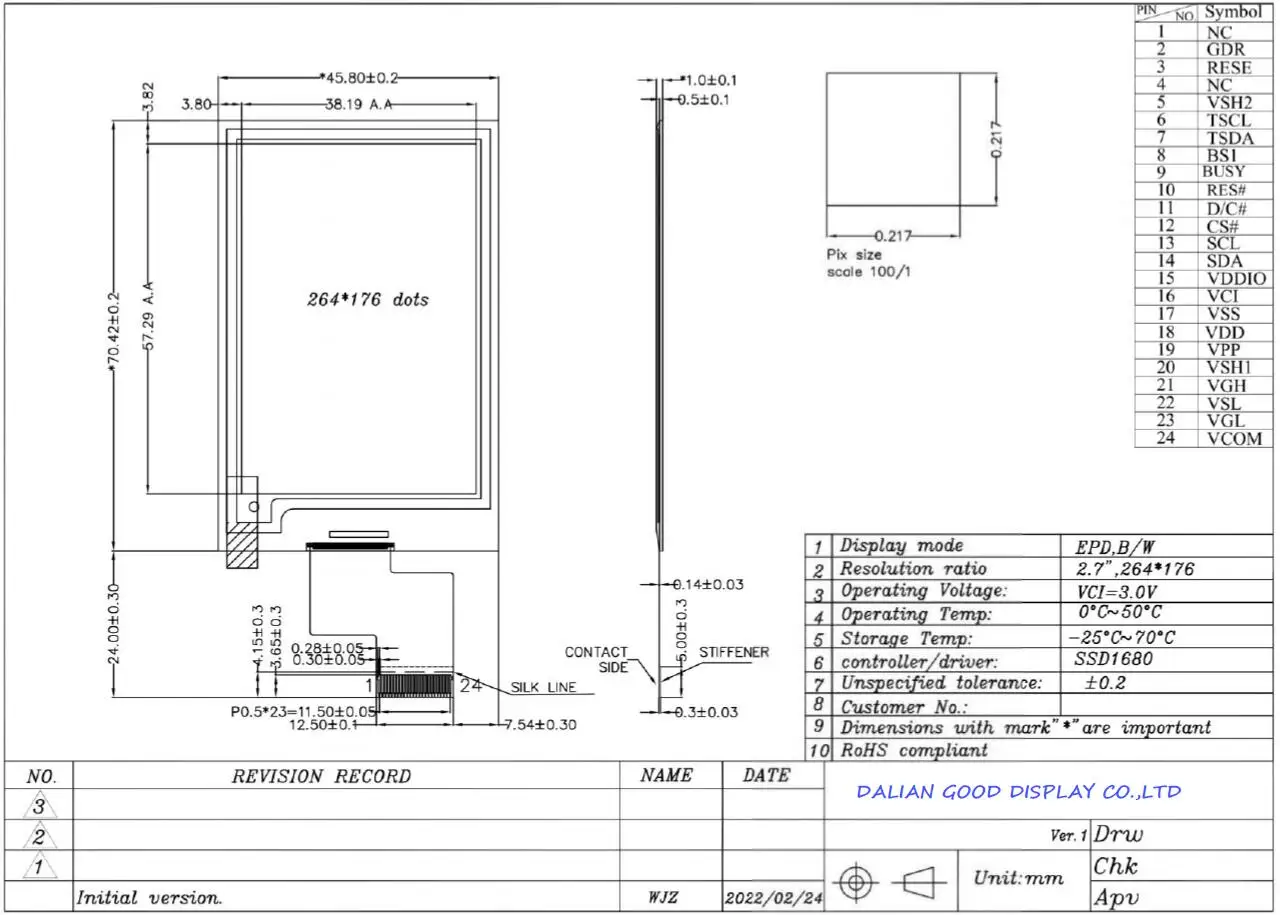 296x152 eletrônico eink display e epd chapéu, gdey027t91