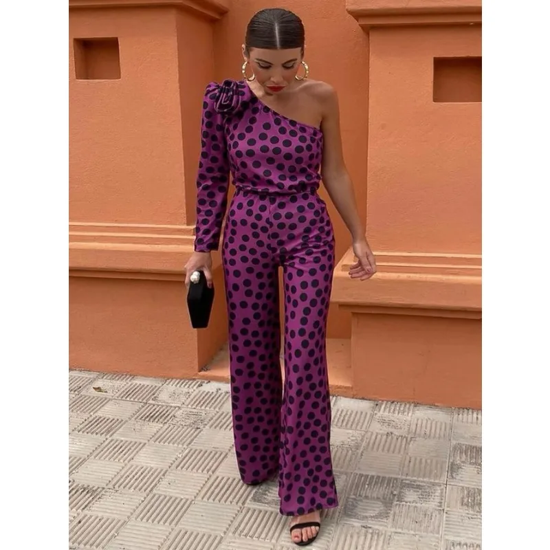 2024 New Shoulder Polka Dot Printed Jumpsuit Women Elegant One Piece African Female High Waist Wide Leg Rompers New Plus Size