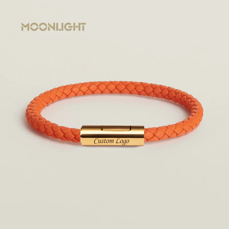 Pulsera exquisita de diseñador clásico para hombres y mujeres, pulsera de cuero con botones de acero inoxidable, joyería femenina tejida a mano, regalos, 15 colores