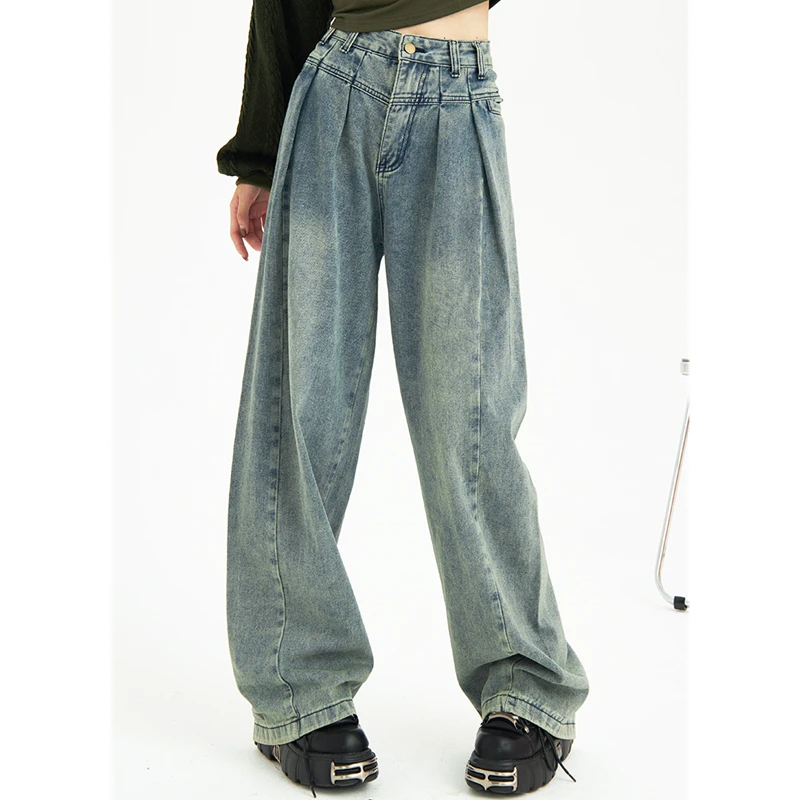 

Vintage Blue High Waist Women Jeans Pleated Design Wide Leg Jean American Fashion Streetwear Denim Trouser Straight Baggy Pants