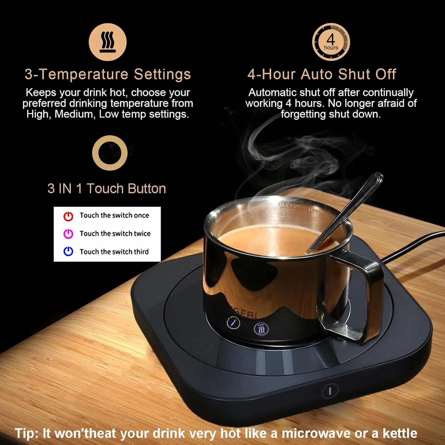 Coffee Cup Warmer for Desk Auto Shut Off & Temperature Settings-Beverage Tea Milk Wax Warmer Plate