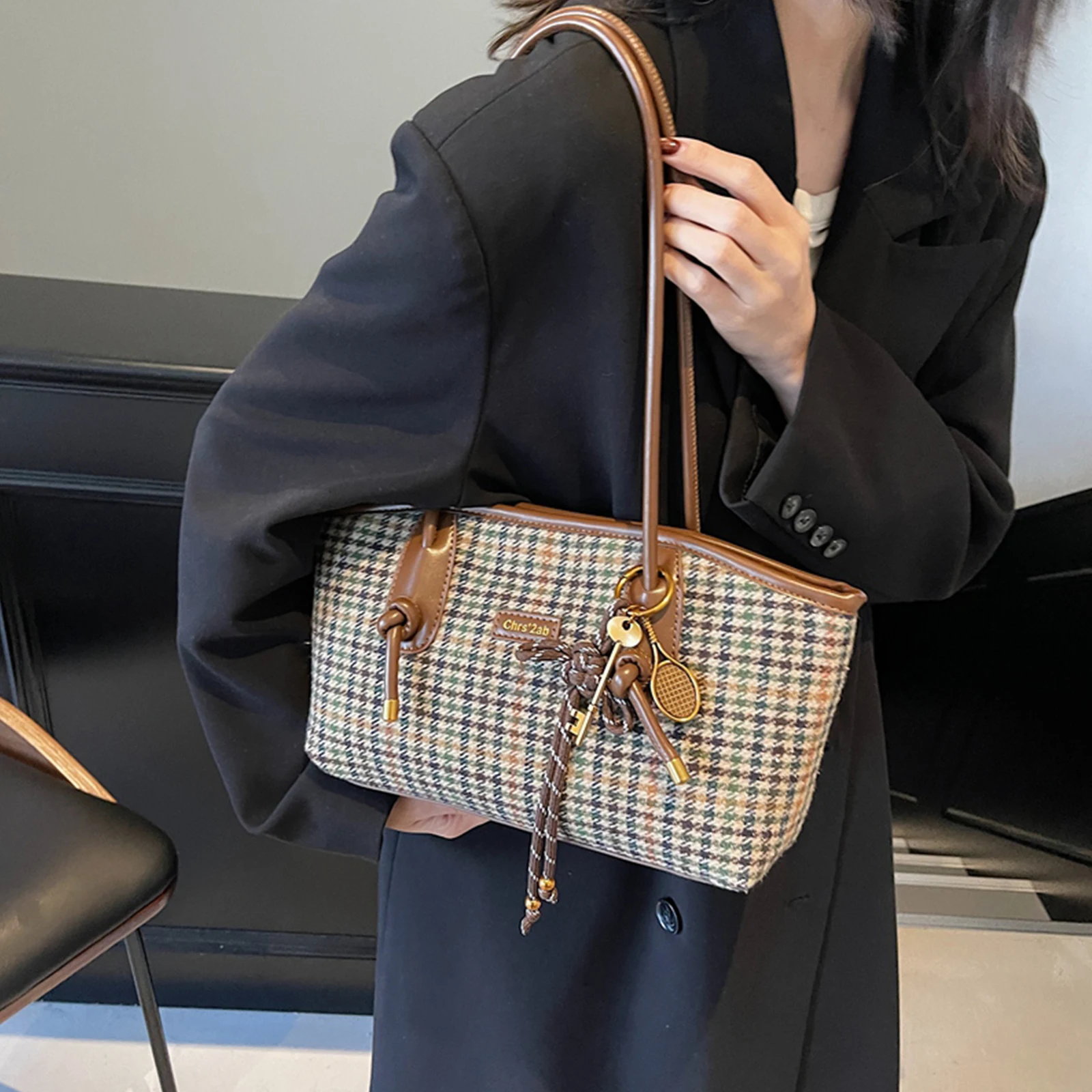 Women Woolen Shoulder Bag Large Handbag Trendy Underarm Bag with Pendant for Work Shopping Travel Daily