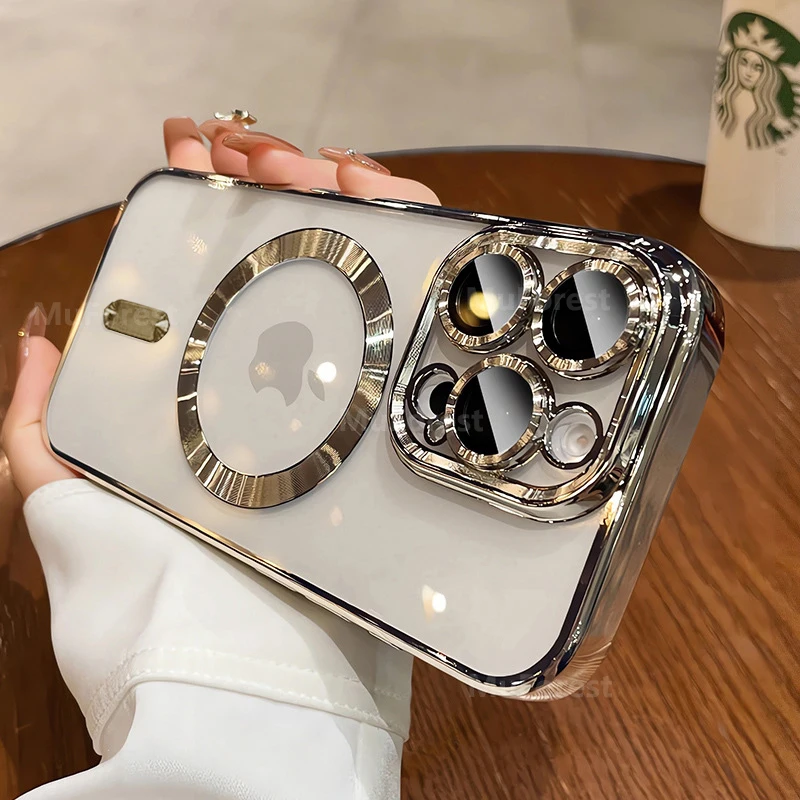Luxury Transparent Pink Soft Plating Case with Magnetic Lens Protection