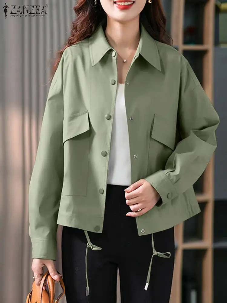 

Женское осеннее пальто, винтажные однотонные куртки с отложным воротником и длинным рукавом, верхняя одежда ZANZEA, Женская рабочая Повседневная рубашка, пуховая куртка на пуговицах