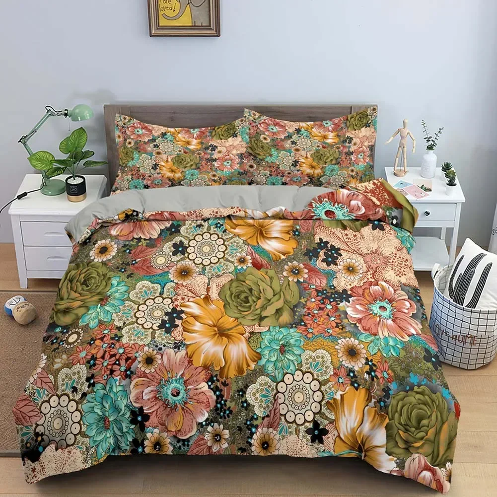 Vintage Flower King Queen Duvet Cover Peony Sunflower Bedding Set Tropical Floral Quilt Cover Boho Polyester Comforter Cover