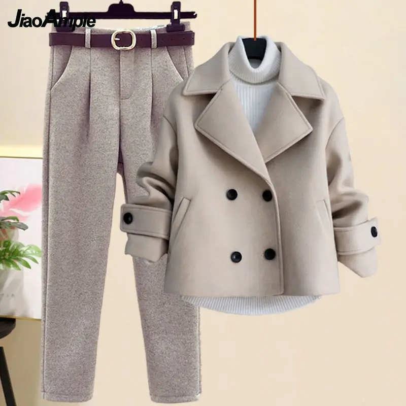 2022 Winter New Women's Clothing Korean Lady Daily Casual Joker Wool Blends Short Jacket Sweater Pants 3 Pcs Set Coats Outfits 2023 new autumn winter commute niche vintage rose corsage blazer wool coat a line shorts fashion suit women office lady set