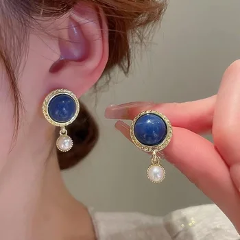 925 Silver Needle French Vintage Blue Bead Earrings For Women Jewelry 2025 Trending Korean Fashion Women's Pearl Drop Earrings