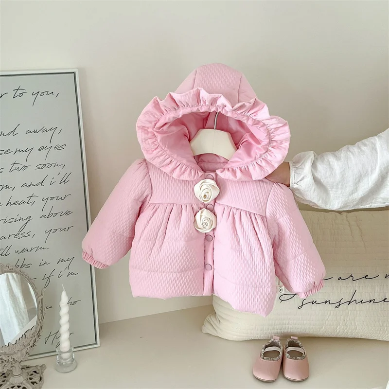 Children's Winter Coat Pink Bow New Hooded and Velvet Warm Thick Cotton Jacket Kids Outerwear Hoody for Girl
