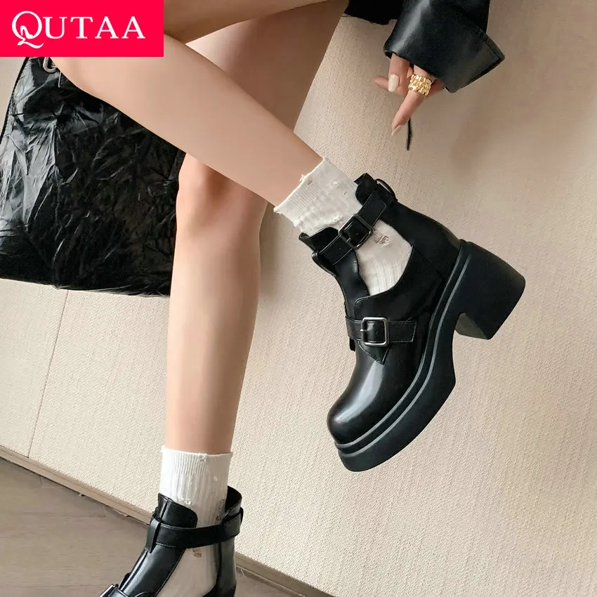 

QUTAA 2024 Casual Leisure Women Ankle Boots Autumn Winter New T-strap Thick Heels Platforms Shoes Woman Working Short Size 34-43