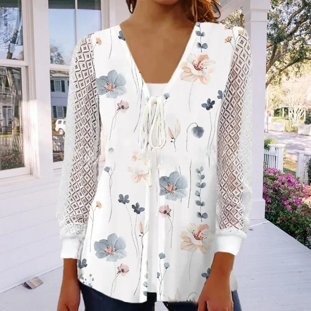 

Comfortable Cardigan Flower Print Lace Patchwork A-line Cardigan Women's Soft V Neck Hollow Out Long Sleeves Loose Fit Lace Up