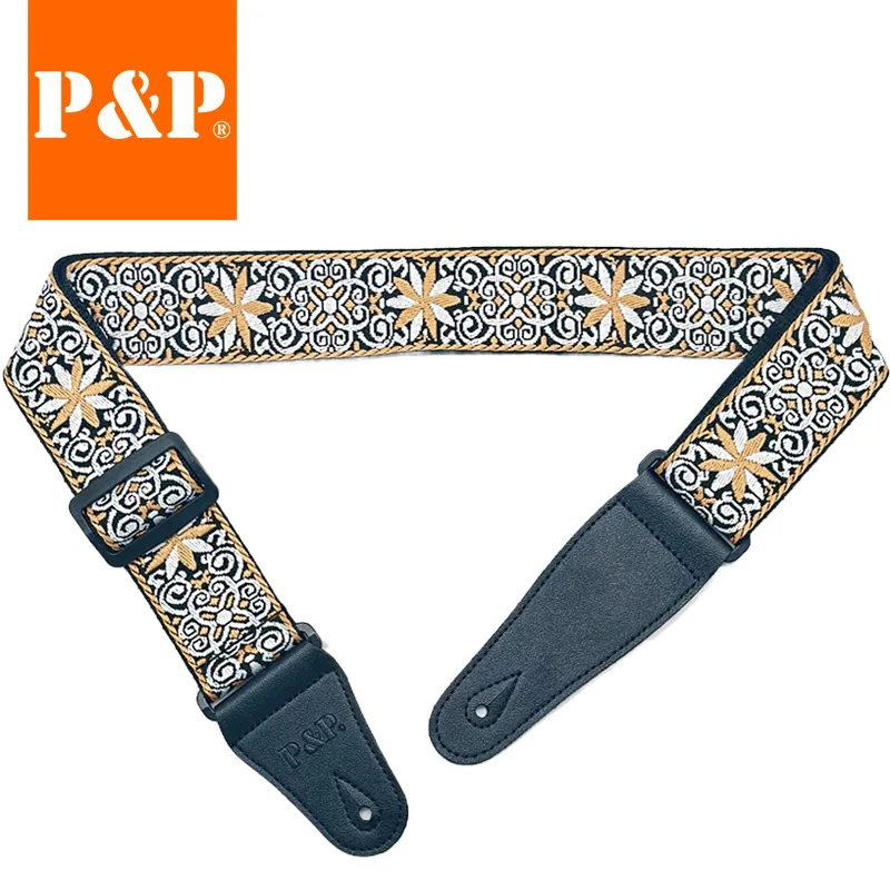 Embroidered Jacquard Guitar Strap with Leather Ends - Adjustable Cotton Band