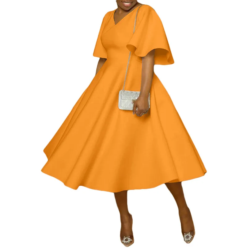 African Party Clothing Ladies Elegant Half Sleeve V-neck Evening Midi Dress Dashiki African Dresses for Women Clothes