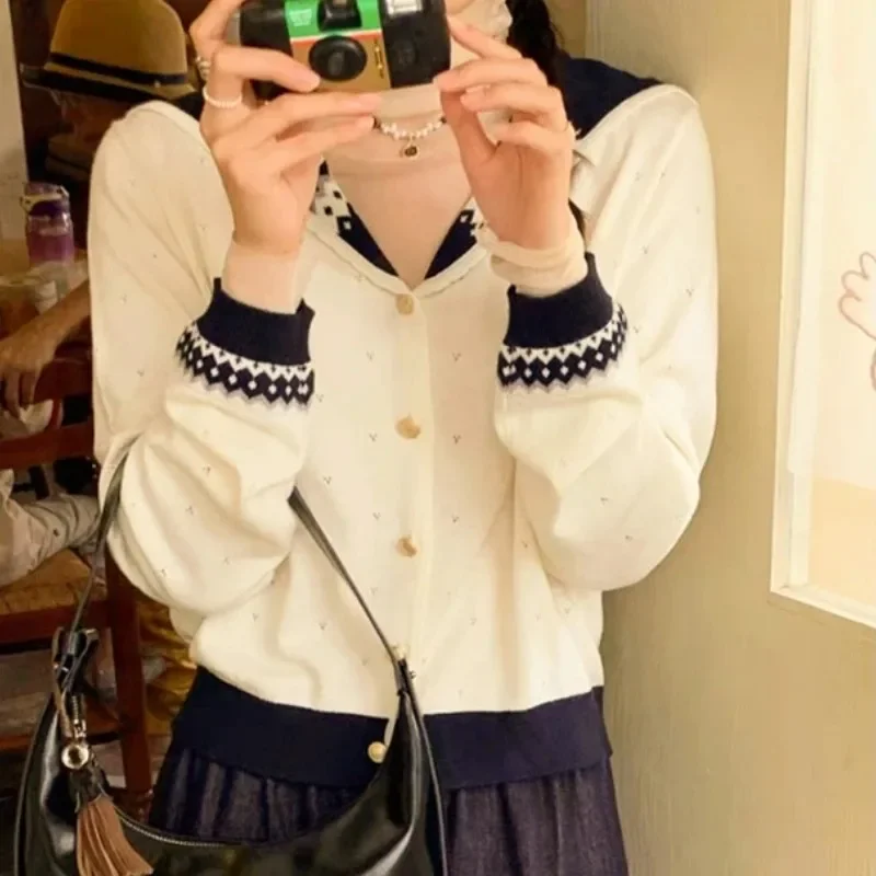Autumn and Winter Women's Clothing Hollow Navy Collar Long-sleeved Sweater Fashion Cardigan Single-breasted Knitwear Casual Top