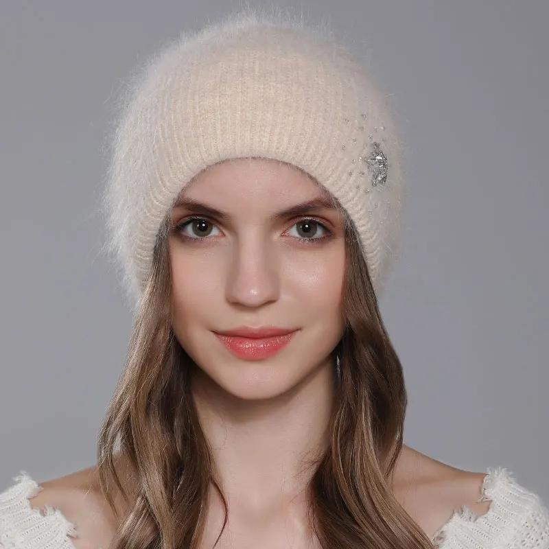 CNTANG Hat For Women Winter Warm Fashion With Diamond Flower Beanies Knitted Angora Long Rabbit Fur Hats Double Layer Ladies Cap 5