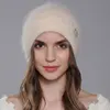 CNTANG Hat For Women Winter Warm Fashion With Diamond Flower Beanies Knitted Angora Long Rabbit Fur Hats Double Layer Ladies Cap 5