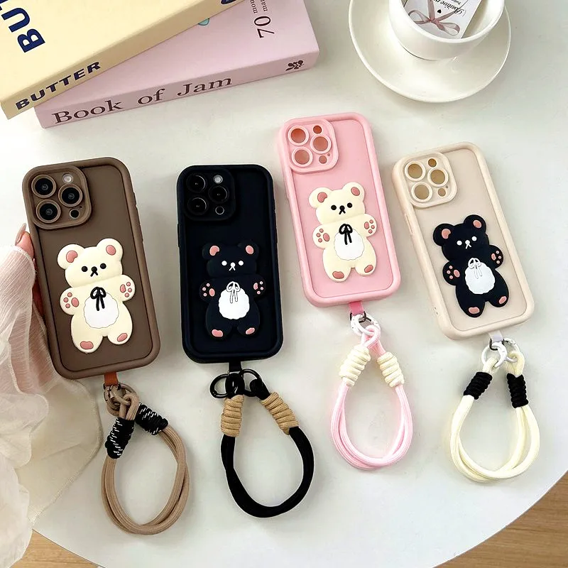 Adorable Bear Lanyard Phone Case with Soft Rope Cover