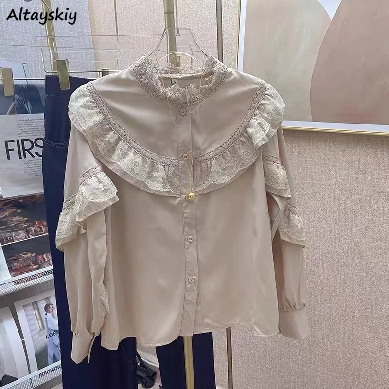 

Рубашка женская с оборками и кружевом, элегантный стильный Свободный Топ во французском ретро стиле с рукавами-фонариками, весна