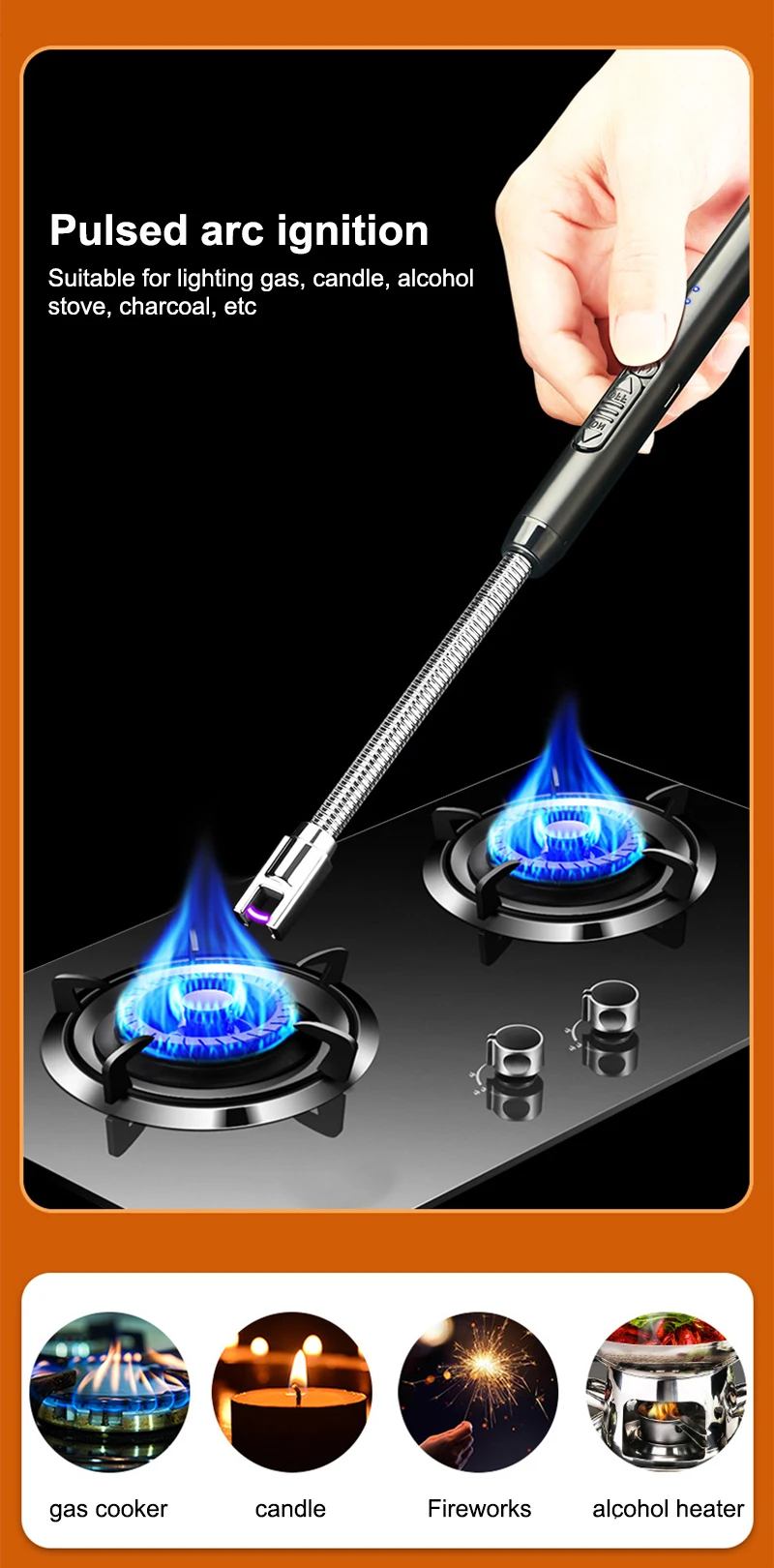 Description Picture 4 of itemNew USB Electric Rechargeable Kitchen Lighter for Stovetop Windproof LED Plasma Arc Flameless Candle Unusual Outdoor Lighter