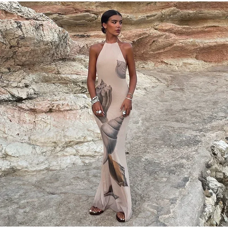 Vestidos largos de tul con espalda descubierta y estampados para mujer, vestidos de fiesta sin mangas con cuello halter y cordones, moda 2025, batas ajustadas para vacaciones en la playa.
