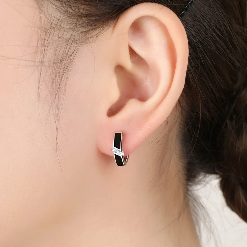 925 Sterling Silver Vintage Black Enamel Crystal Hoop Earrings For Women Girls Wedding Engagement Fashion Jewelry 5