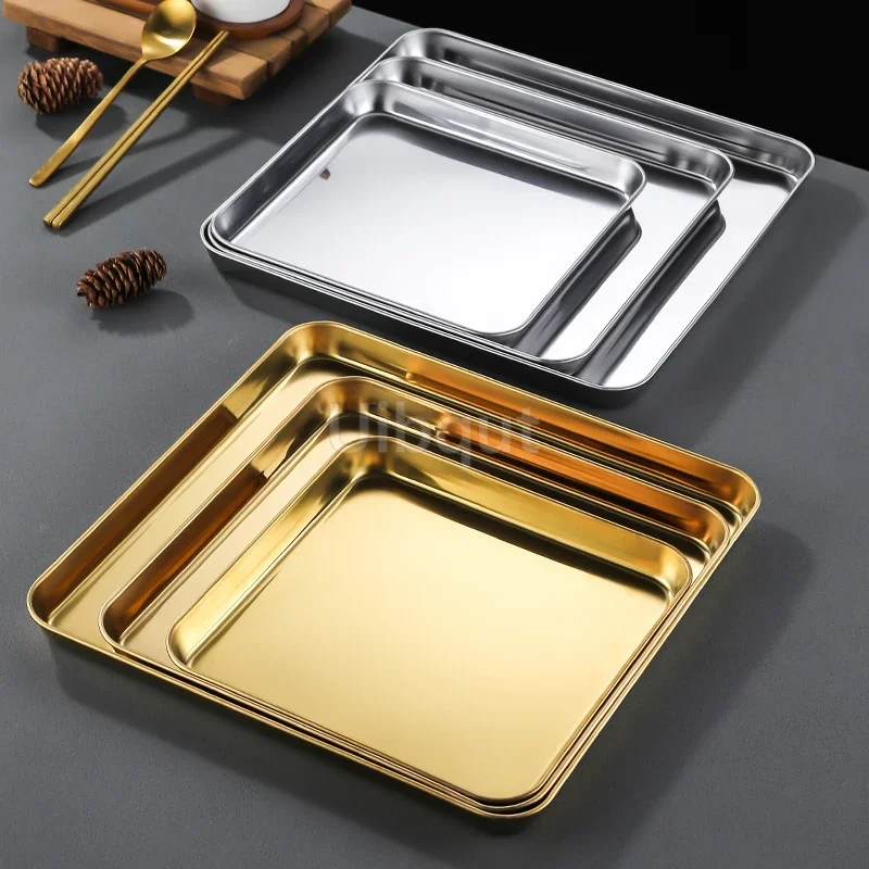 Gold Square Stainless Steel Food Service Tray plate Nonstick Bakeware Fruit Cookie Bread Plate Kitchen Storage Container Utensil