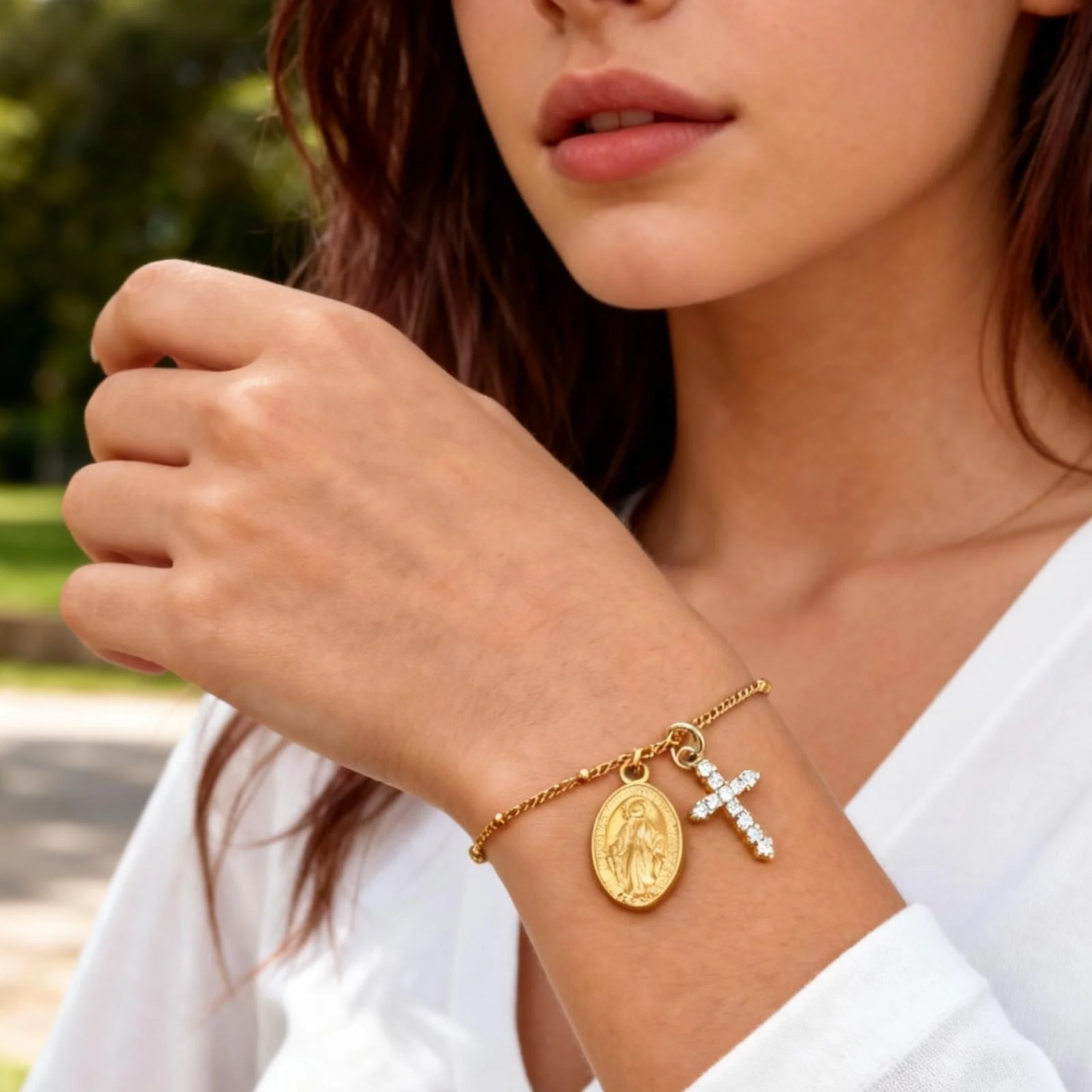  Religiöses Heilige Jungfrau Maria Zirkon-Kreuz Anhänger Armband für Frauen Edelstahl Heiliger Benedikt Charm Armband Halskette Set – Detail 3