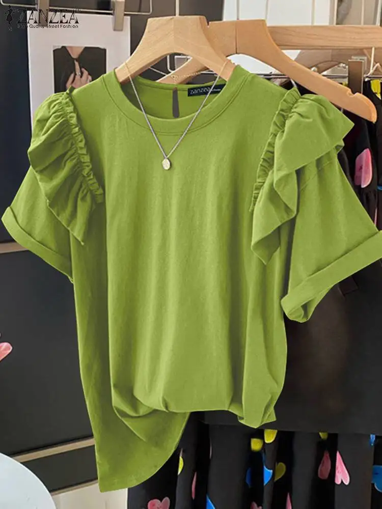 

ZANZEA 2024 Summer Short Sleeve Top Shirt Women Ruffled Stitching Blouse Elegant Round Neck Tunic Casual Loose Solid Color Blusa
