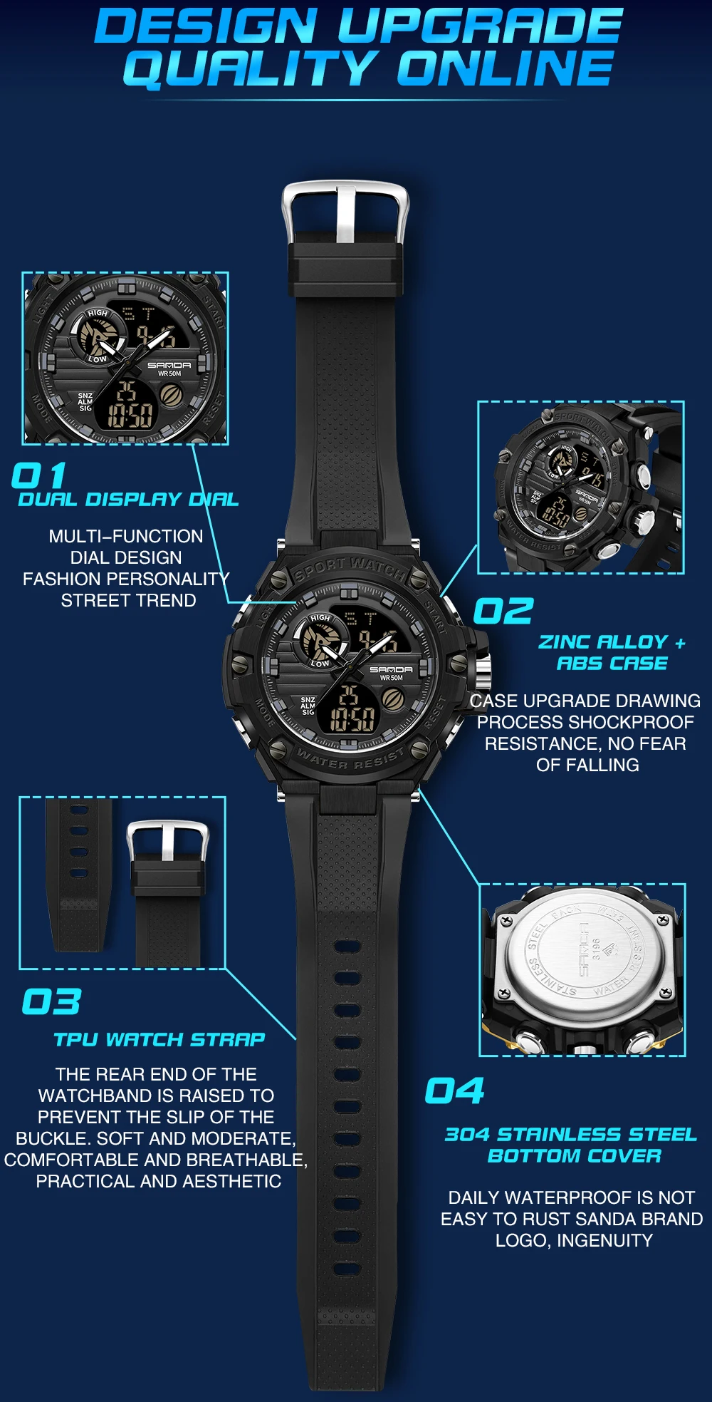 SANDA 3196 New G style Mens Dual Display Electronic Quartz Watches Outdoor Sports 50M Waterproof LED Digital Date Watch 2023
