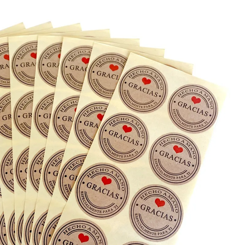 100PCS Retro Kraft sealing sticker Gracias Round Kraft Seal sticker For handmade products Vintage Label with red heart