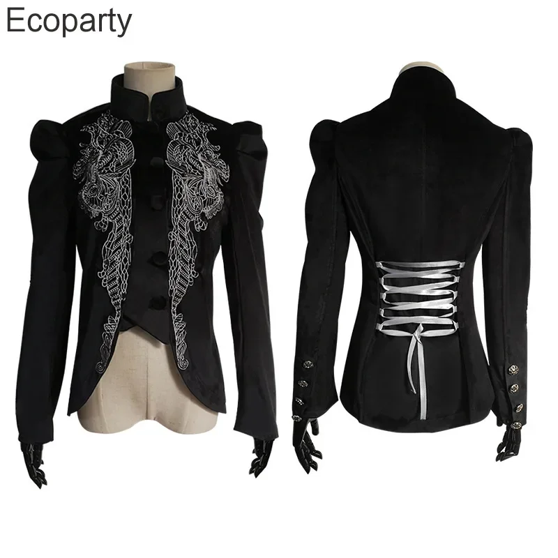

Women's Medieval Victorian Gothic Jacket Steampunk Black Stand Collar Flower Embroidery Bandage Coat Halloween Carnival Outfits